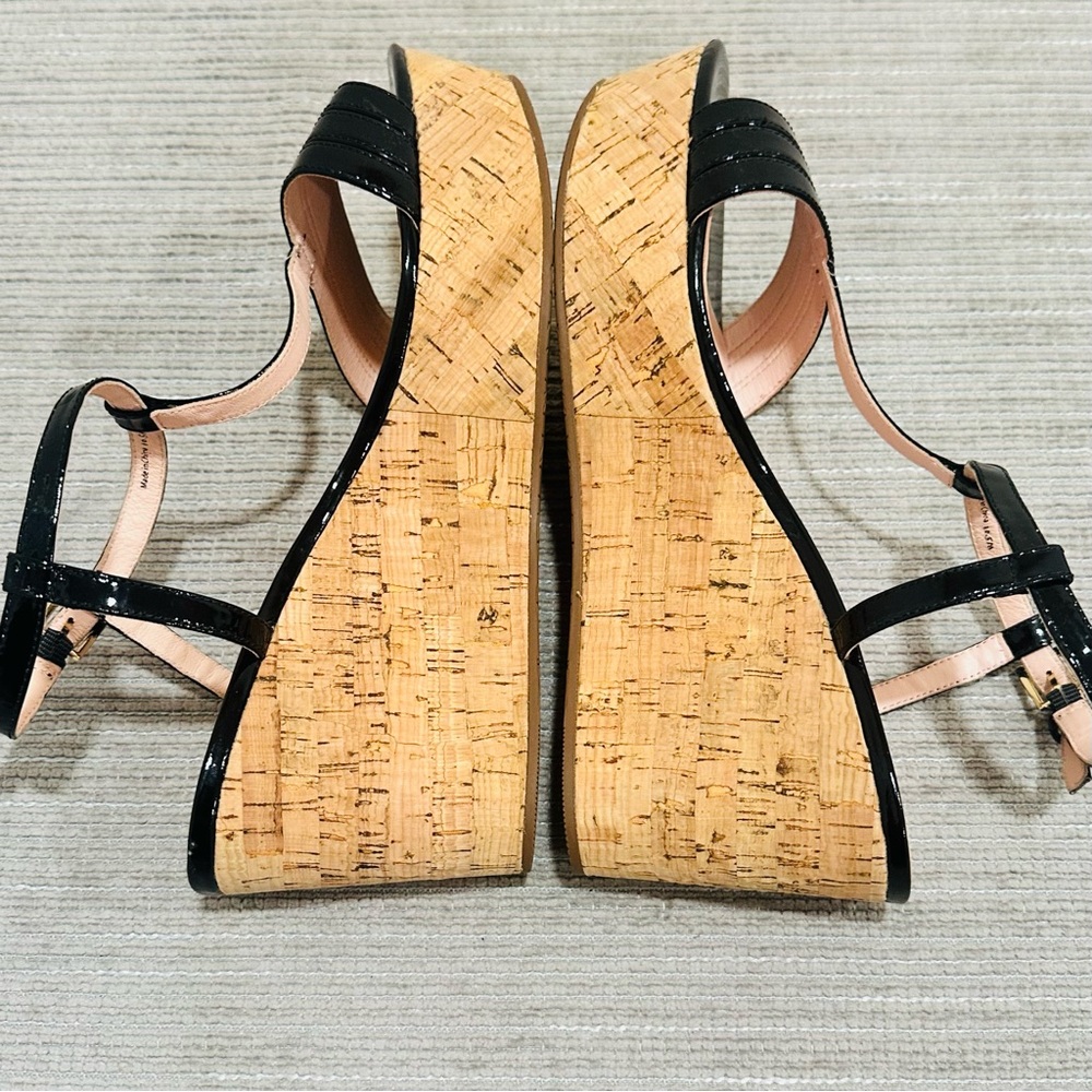 Kate Spade Tallin Black Patent Leather T-Strap Cork Platform Wedge Sandal 10,5 - Picture 7 of 10